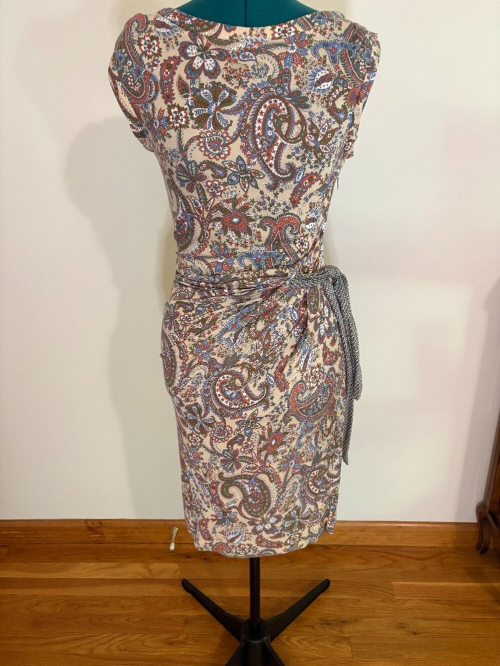 Vintage Y2K Fall Paisley Fitted Midi Dress Boat Neck Draped Waist Side Zip